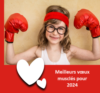 Petite fille avec des gants de boxe pour un téléthon 2024 musclé, et une bonne année 2024 du groupe d'intérêt de la myopathie FSHD